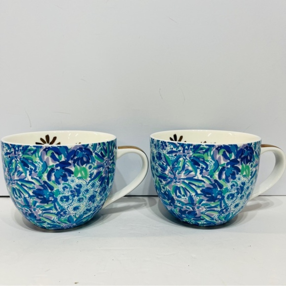 Lilly Pulitzer Mugs Blue Floral Gold Lion Around Tea Coffee Cup Ceramic Set of 2